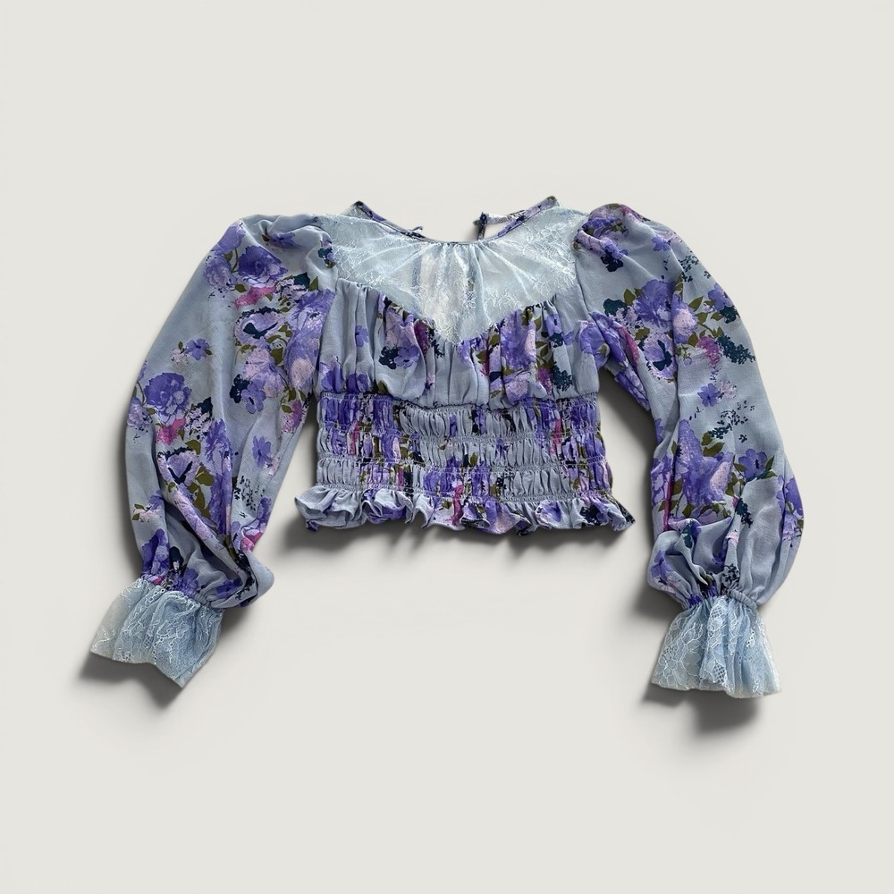 Free People Floral Dressy Boho Long Sleeve Crop Top Lace Cuffs NWT flaw Small